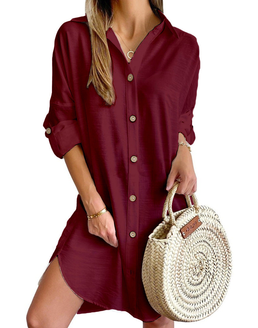 Robe chemise boutonnée à manches longues et revers pour femme, vêtement d'automne décontracté