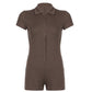 Womens Ribbed Lapel Button-front Short-sleeve Jumpsuit