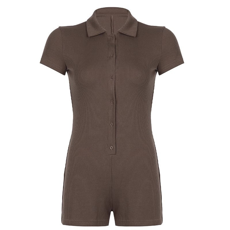 Womens Ribbed Lapel Button-front Short-sleeve Jumpsuit
