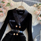Robe en velours slim à col tailleur et double boutonnage pour femme