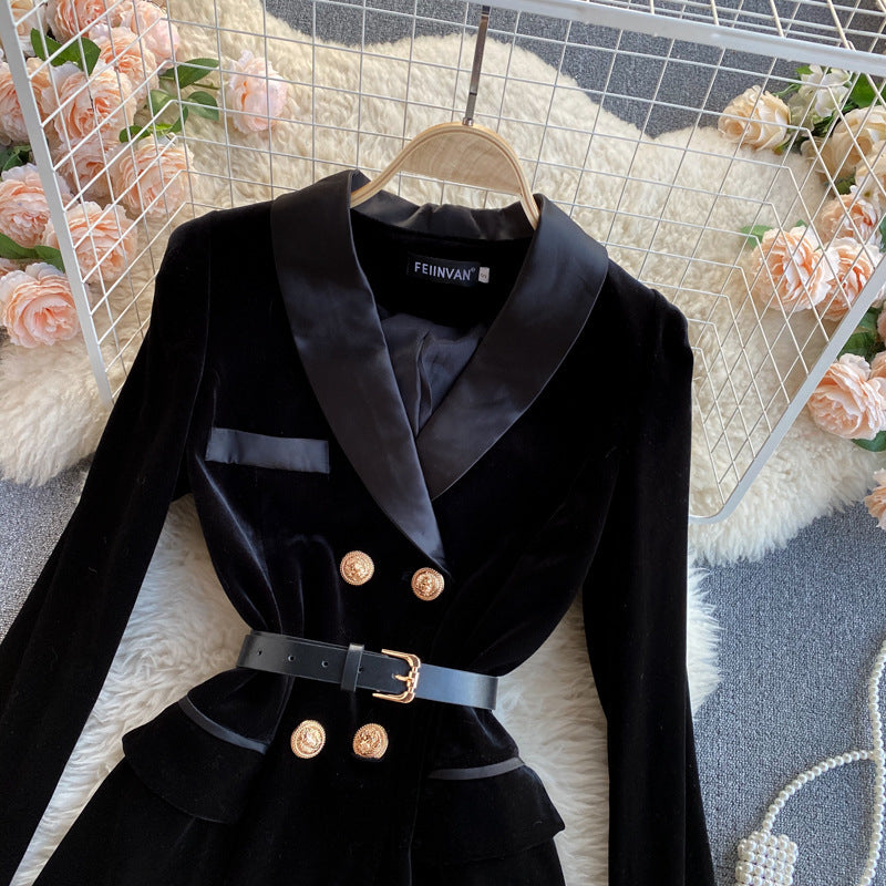 Robe en velours slim à col tailleur et double boutonnage pour femme