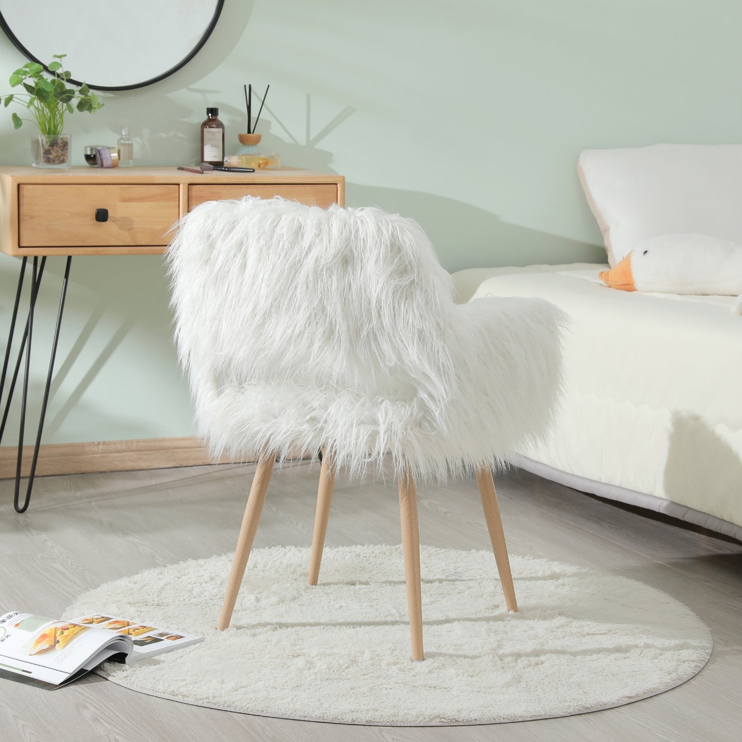WHITE Faux Fur Upholstered Make Up Chair Side Dining Chair With Metal Leg WHITE Beech Metal Leg