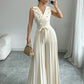 Suit Collar Bow Tie Belted Waist Pleated Jumpsuit