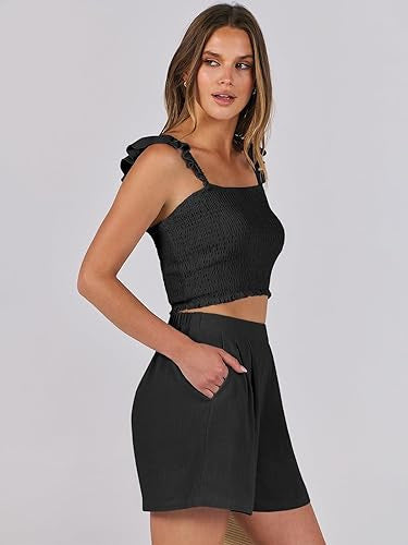 Costume décontracté sans manches à bretelles spaghetti à volants pour femme