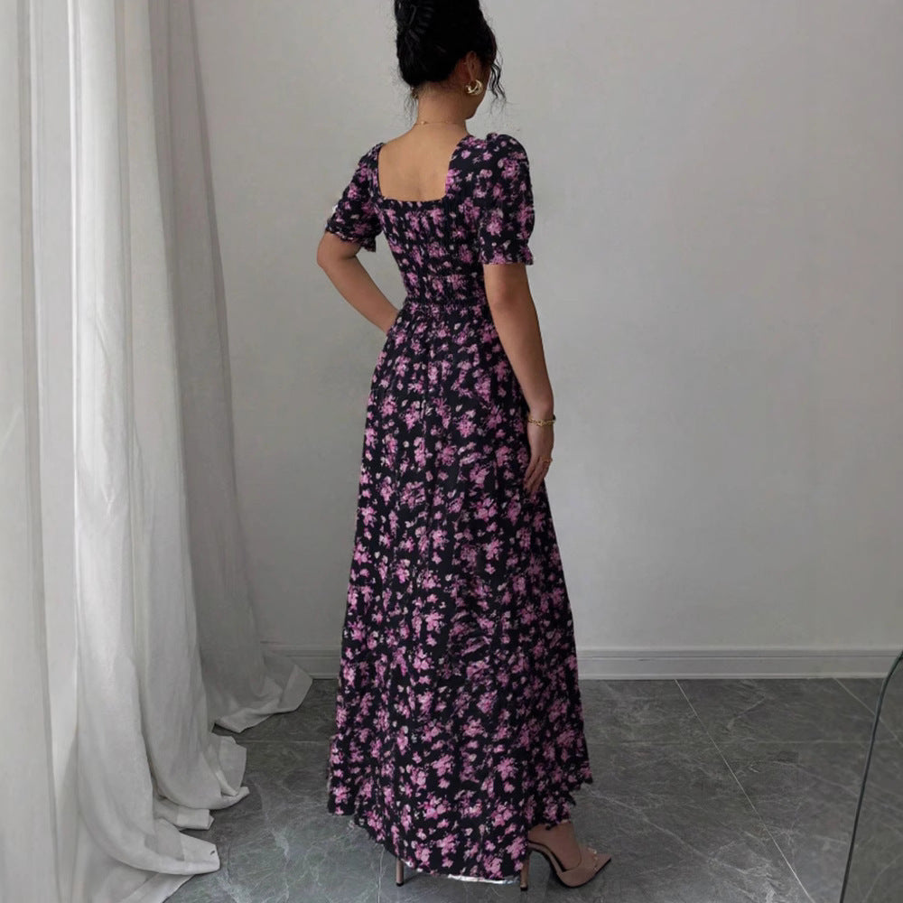 Women's Fashion Elegant U-neck Short-sleeved Printed Large Swing Dress