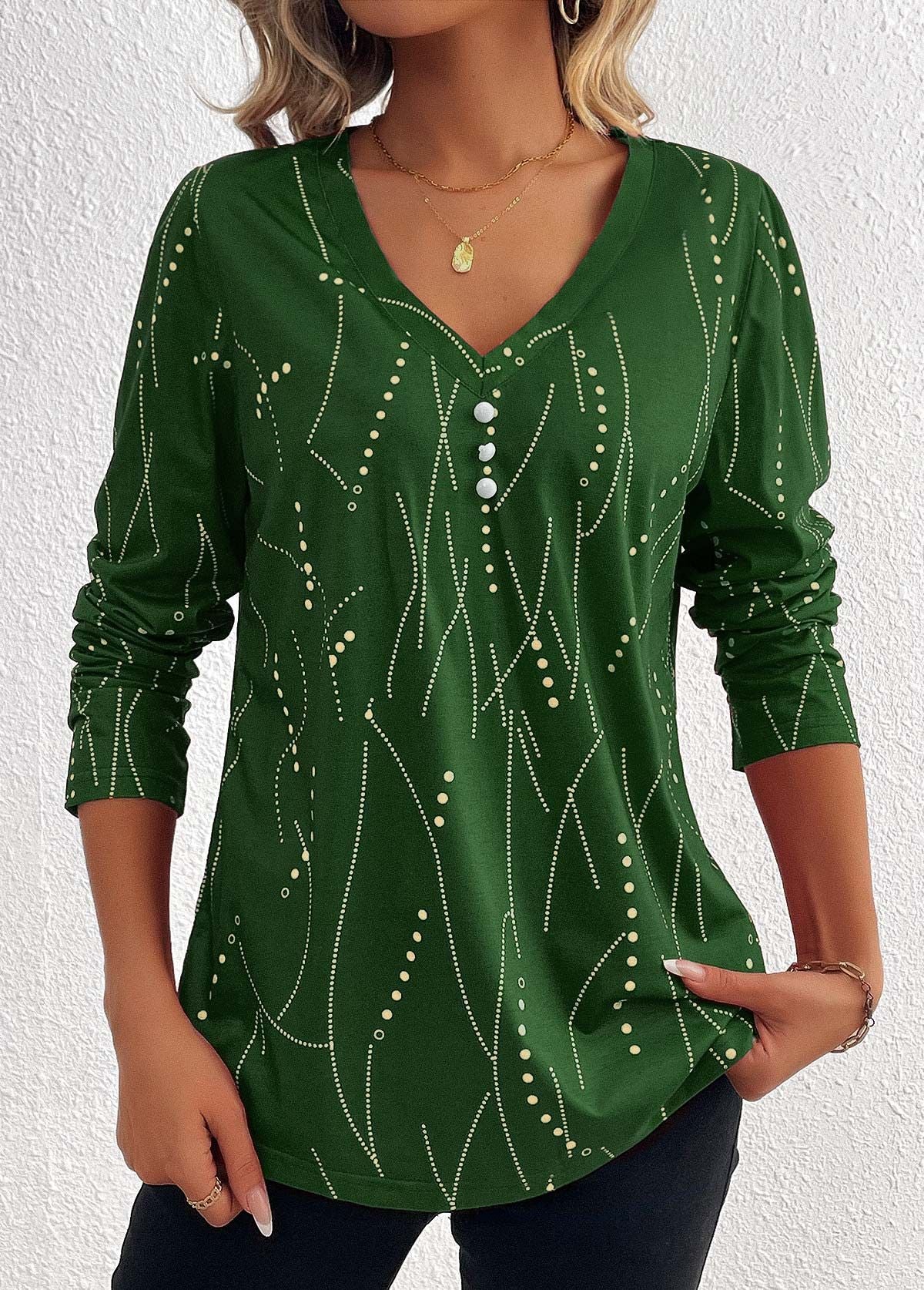 Casual Button Geometric Printed Long-sleeved T-shirt