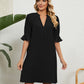 Summer Dress Solid Color V-neck Loose Pleated Half-sleeve Dress For Women