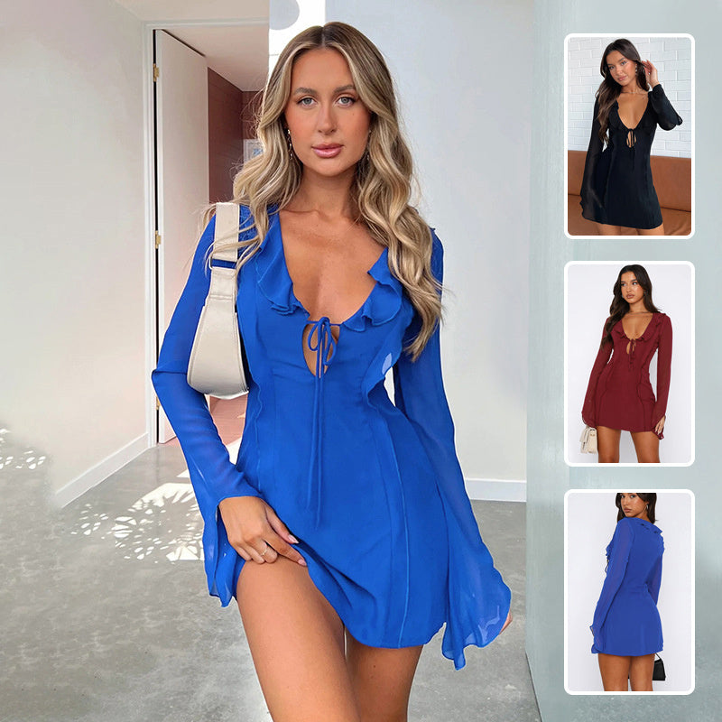 Robe sexy à volants, col en V, lacets, manches longues, jupe tendance Y2K, robes courtes slim couvrant les hanches pour femmes