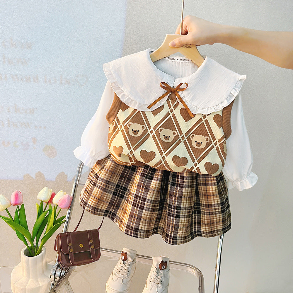 Autumn College Style Girls' Sweater Vest Vest Shirt Three-piece Set