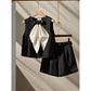 Two-piece Set Featuring A Black Bow-tie Top And Shorts