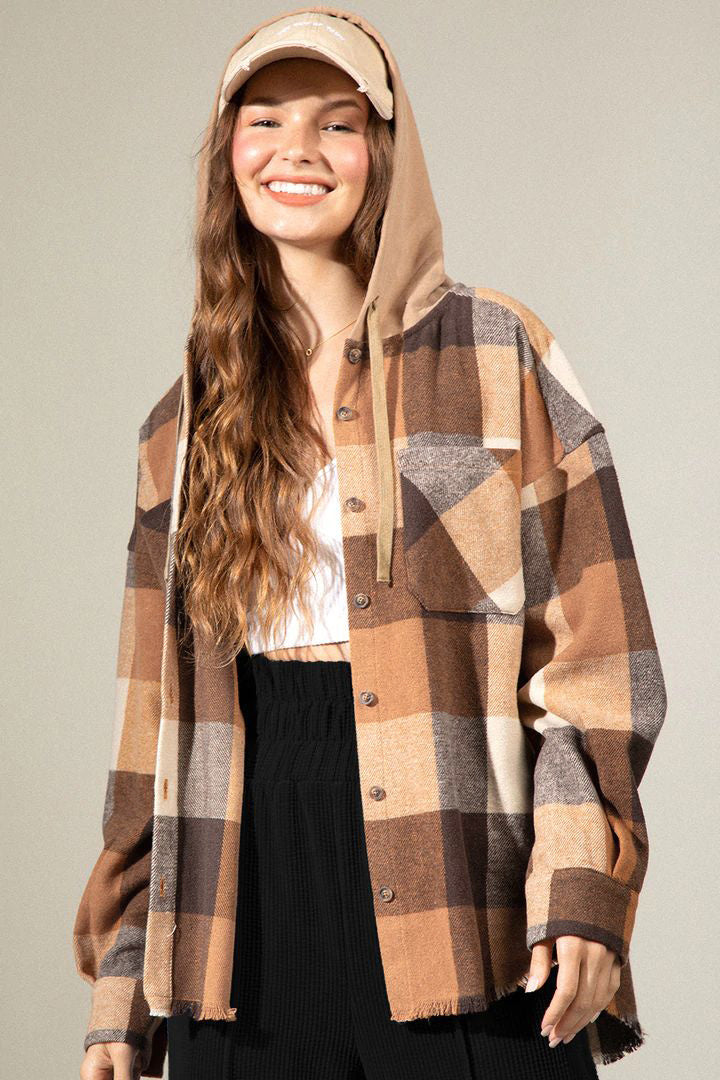Women's Brushed Woolen Long-sleeved Hooded Shirt Plaid Coat