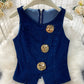 Metal Button Crew Neck Sleeveless Denim Vest High Waisted Wid Leg Pants Set