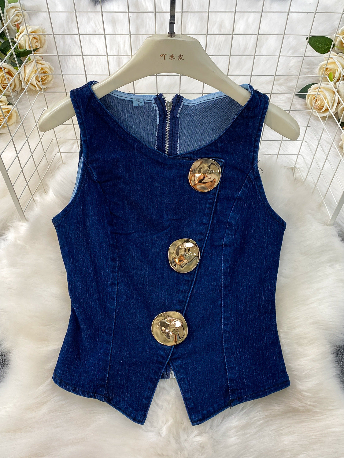 Metal Button Crew Neck Sleeveless Denim Vest High Waisted Wid Leg Pants Set