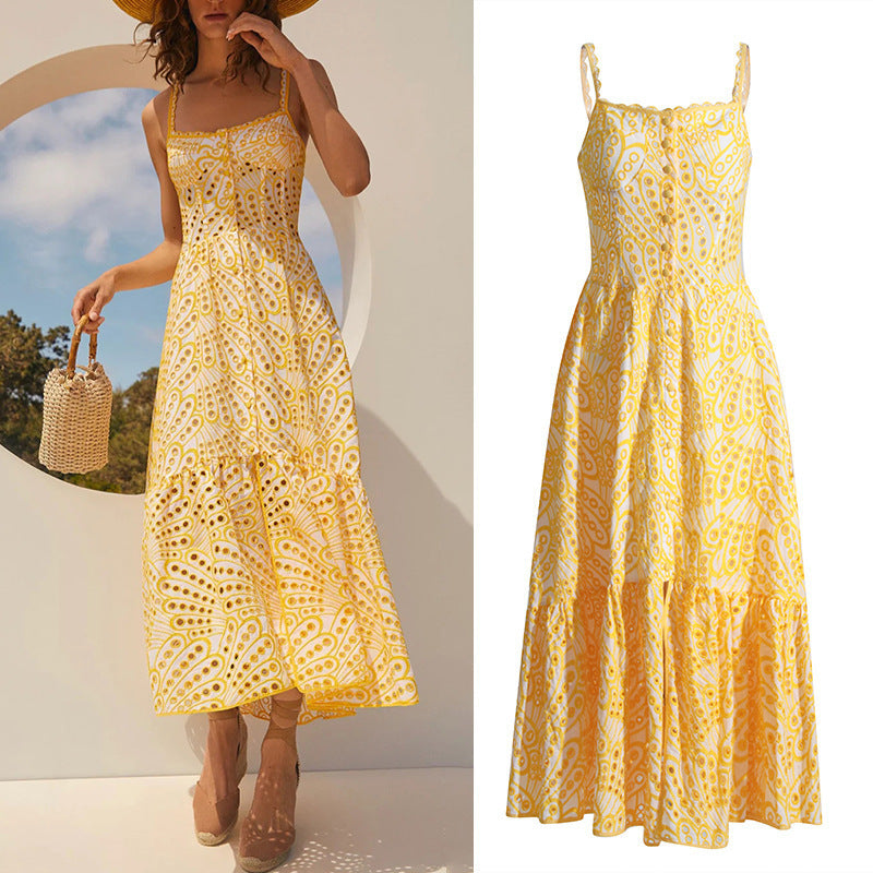 Robe en dentelle creuse brodée à volants et bretelles spaghetti pour femme