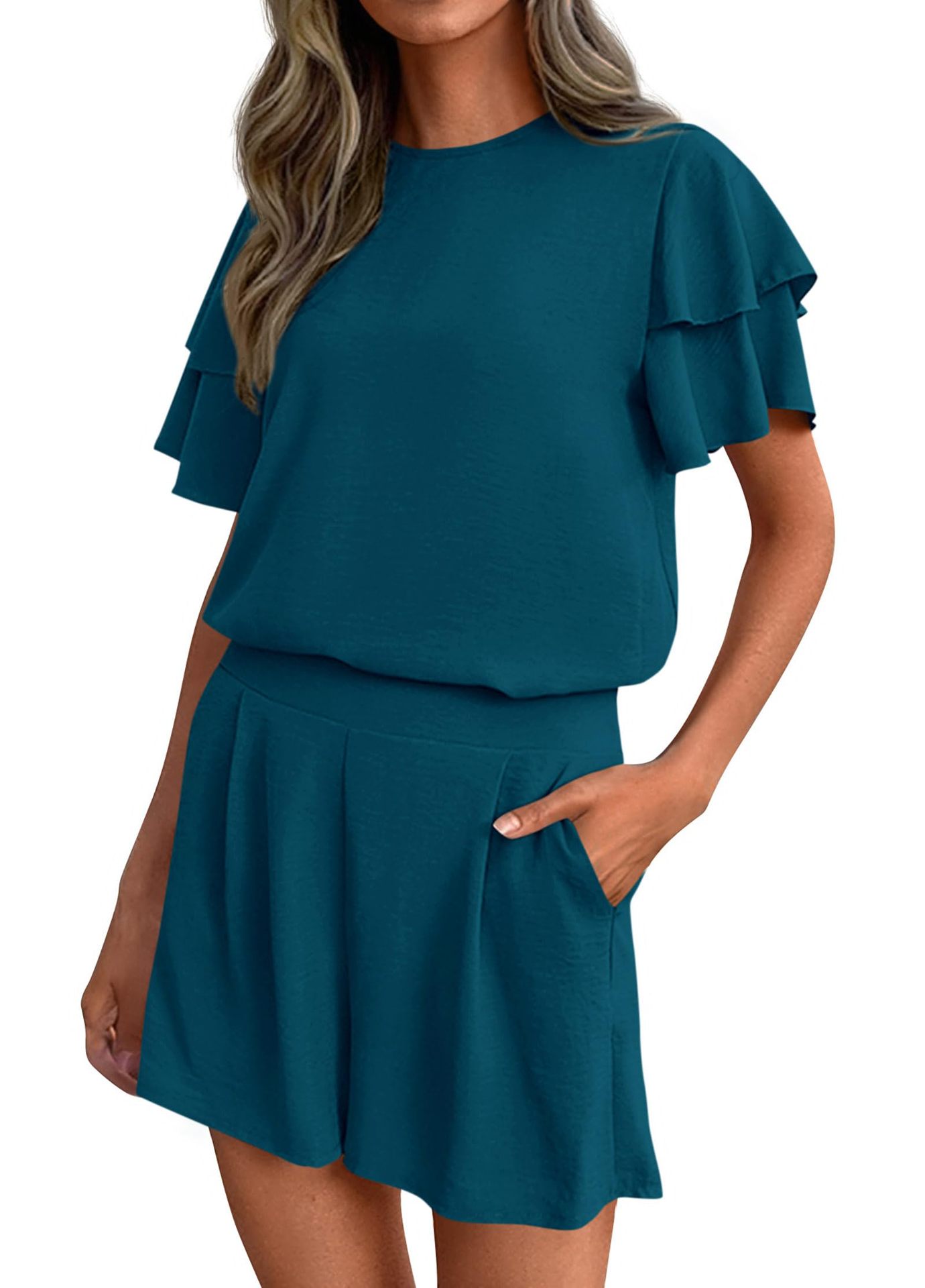 Women's Fashionable Casual Two-Piece Set Crew-Neck Short-Sleeve Top And Shorts