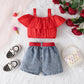 Sling Off-neck Solid Color Top Denim Shorts Suit