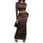 Round Neck Sheath Long Sleeve Leopard-print Slim-fit Split Suit