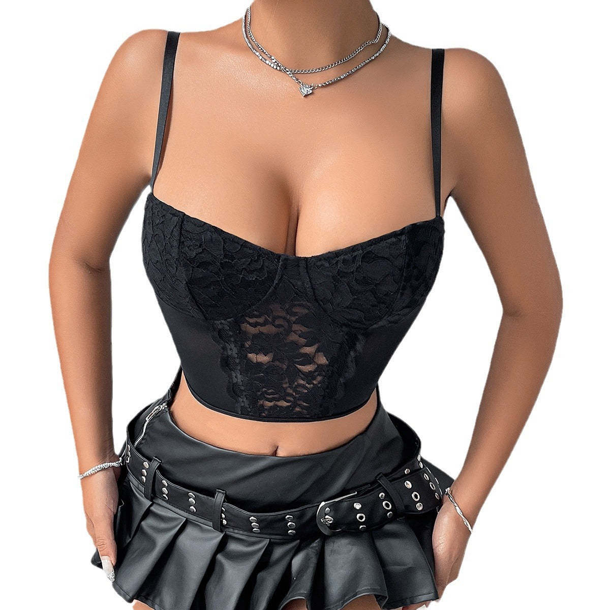 Lace Mesh Slim Fit Patchwork Beauty Back Inner Wear Outer Wear Camisole