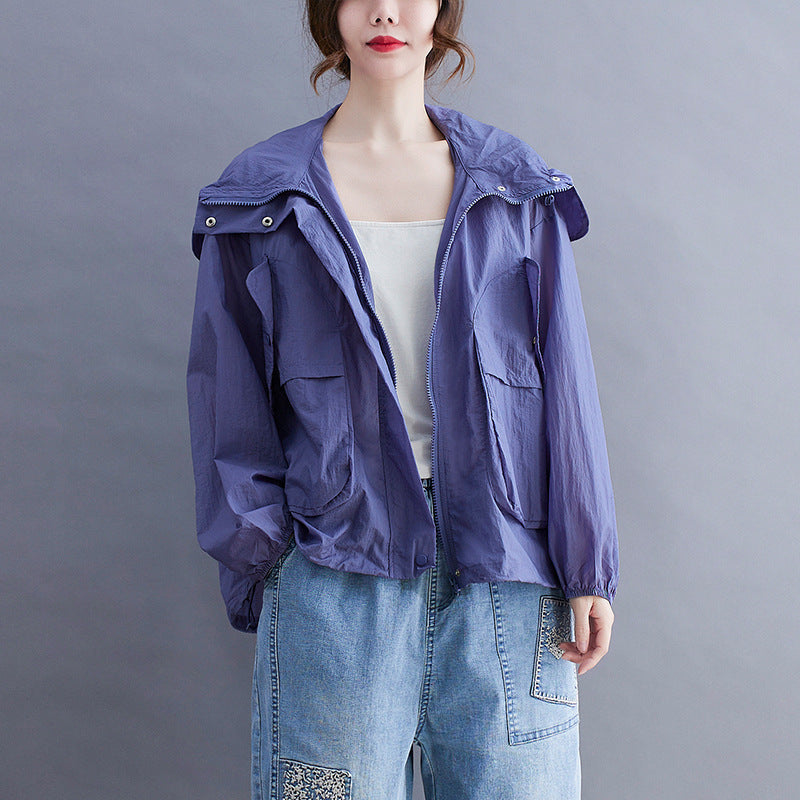 Pure Color Patch Pockets Loose Long-Sleeved Hooded Casual Thin Breathable Sun Protection Clothing