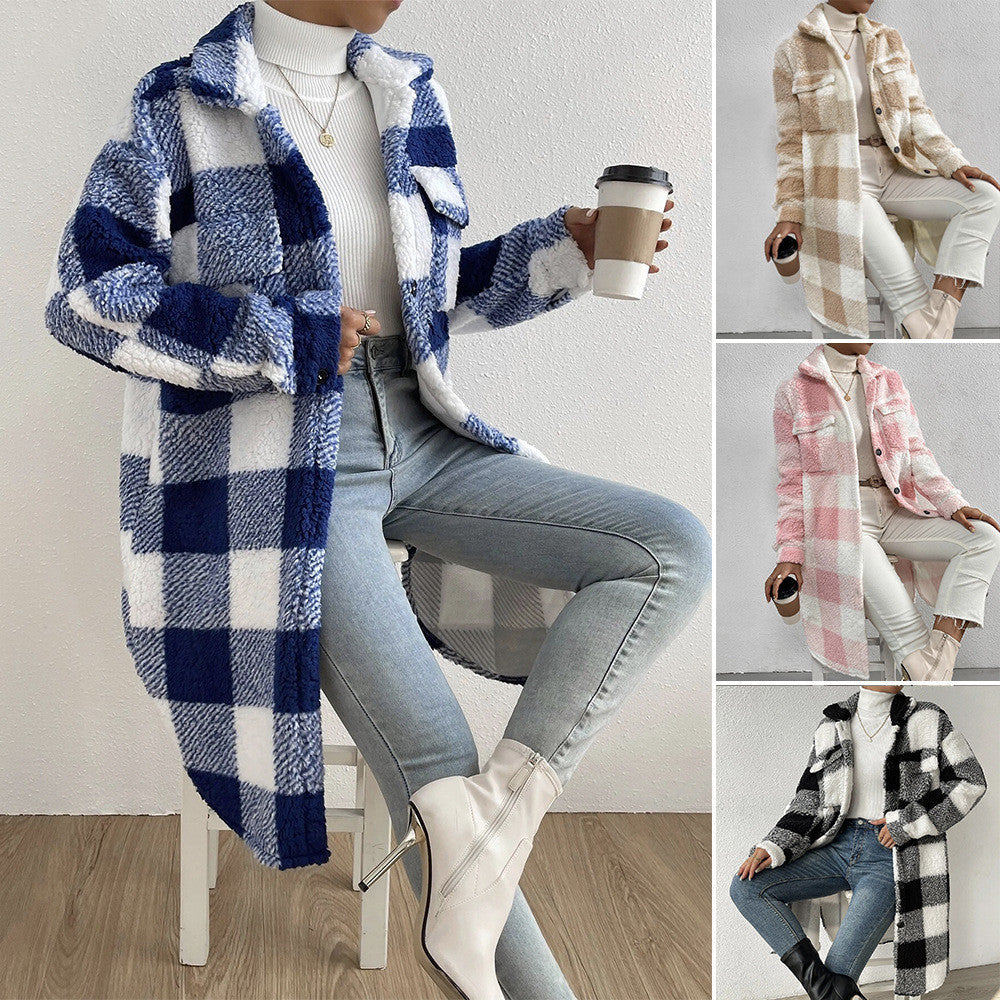 Women's Fashion Polo Collar Plush Plaid Coat