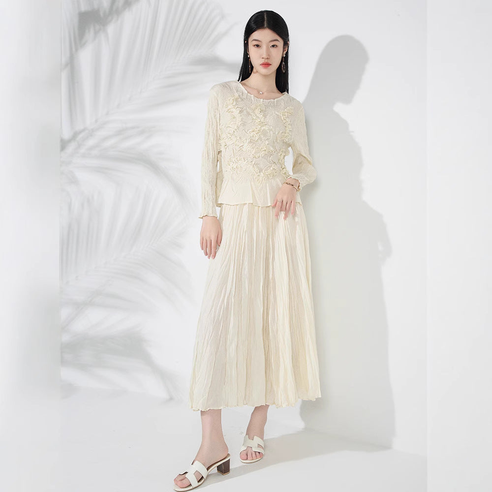 Solid Color Embroidered Long-sleeved Top Handmade Pleated Two-piece Overskirt Suit