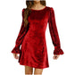 Solid-Color Crew-Neck Gold Velvet Sequin Long-Sleeve Dress
