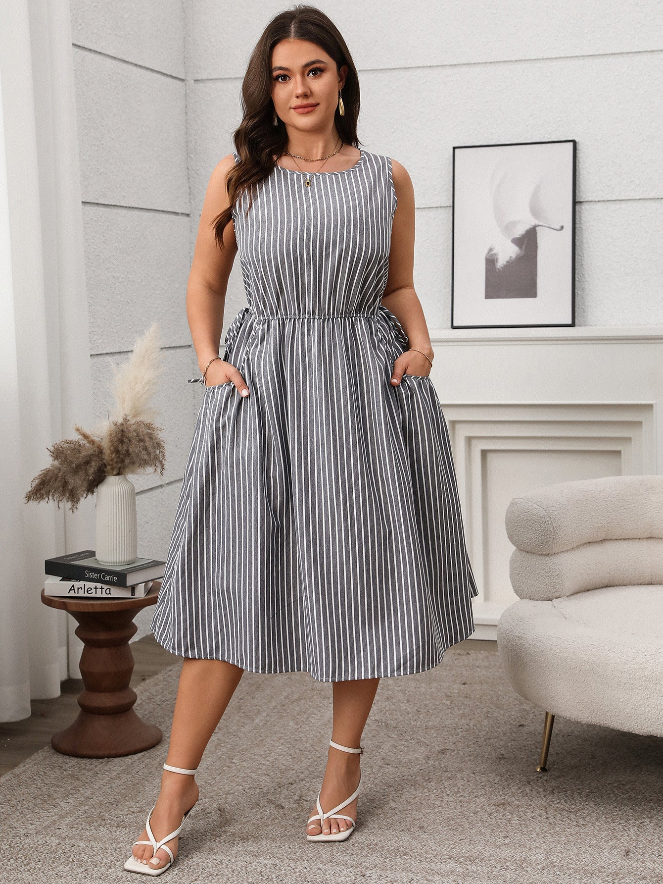 Contrast Color Striped Sleeveless Pocket Fashion Dress
