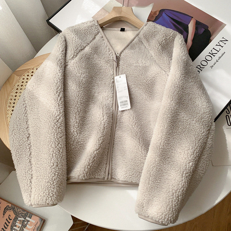 V-Neck Zipper Lamb Fleece Warm Short Coat