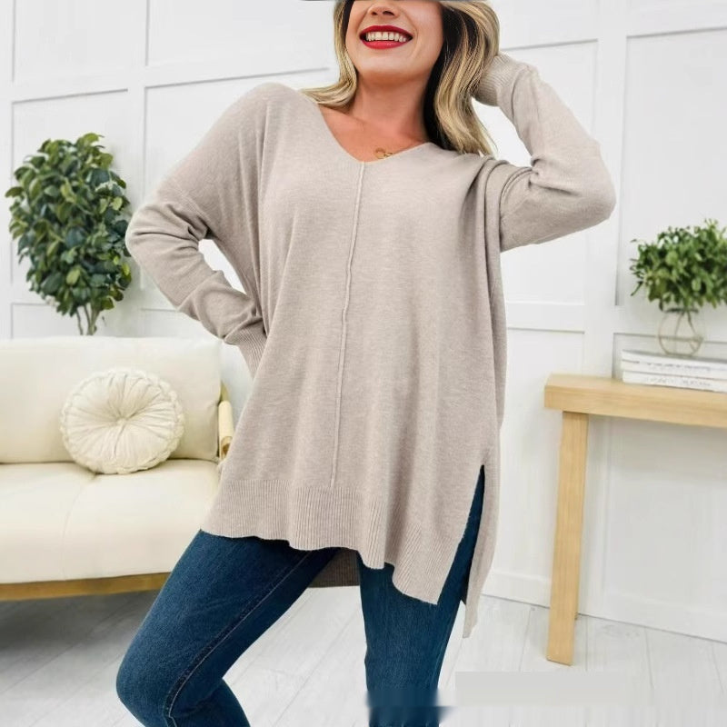 Pull ample à manches longues pour femme, design cousu sur le devant