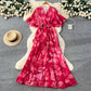 Strap-tied Waist V-Neck Irregular Print Chiffon Maxi Dress