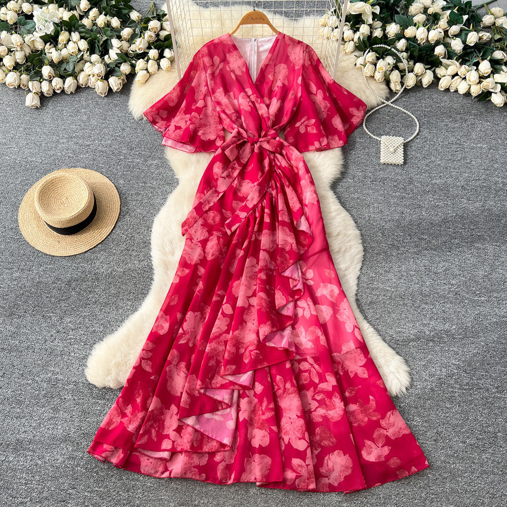 Strap-tied Waist V-Neck Irregular Print Chiffon Maxi Dress