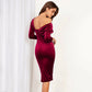 Burgundy V-Neck One-Shoulder Halter Design Midi Dress Evening Gown