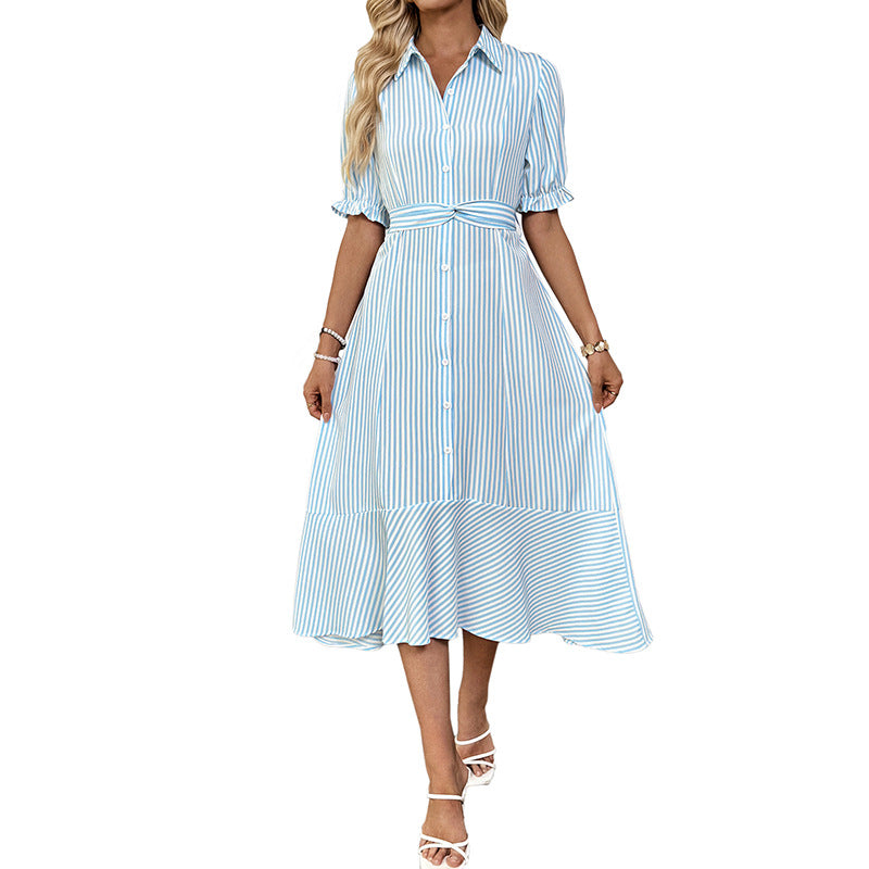 Striped Shirt-style Dress With Puff Sleeves And A Lapel Neckline