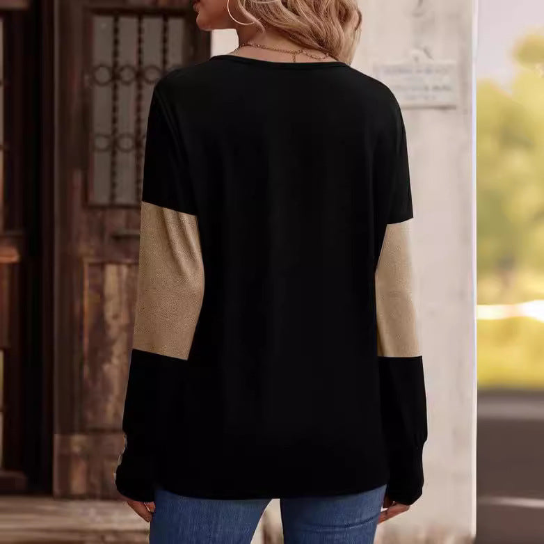 Color Block Stitching Fastener Decoration Casual V-neck Top