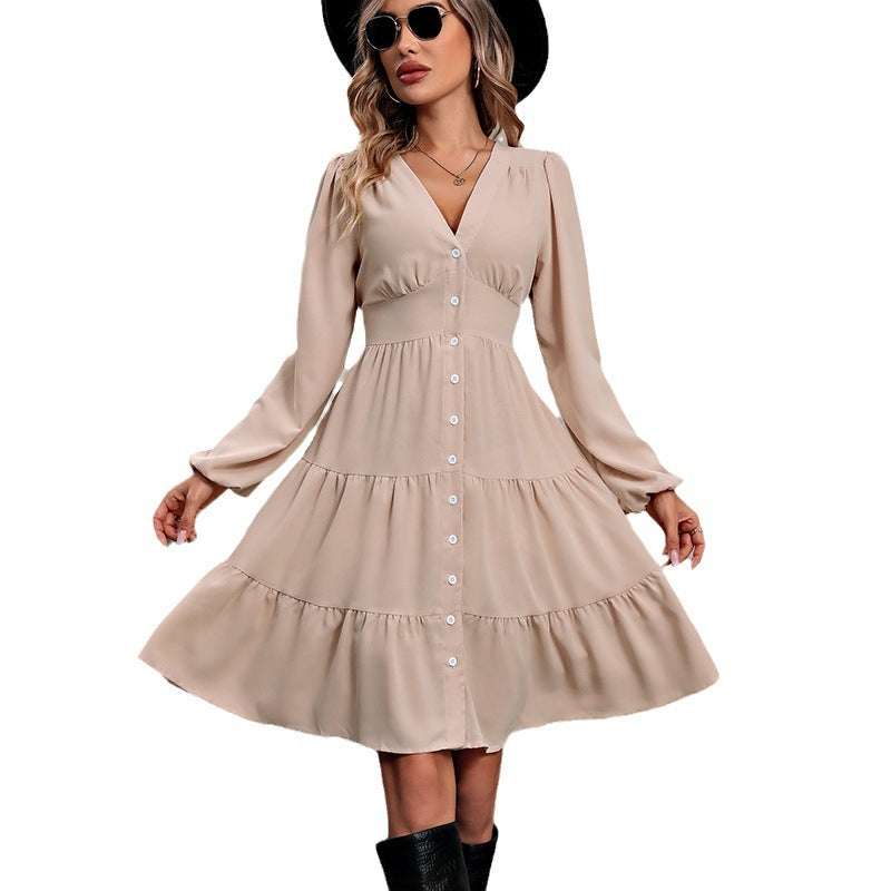 Robe style banlieue à manches longues, col en V, coutures à la taille