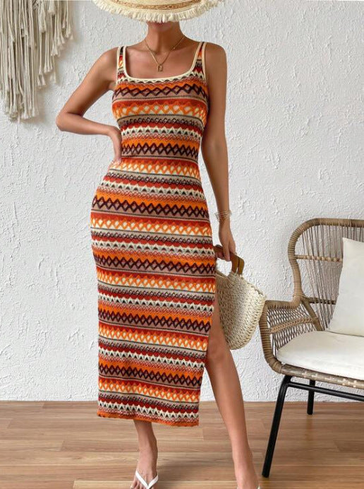 Robe décontractée à rayures sans manches et col carré pour femme