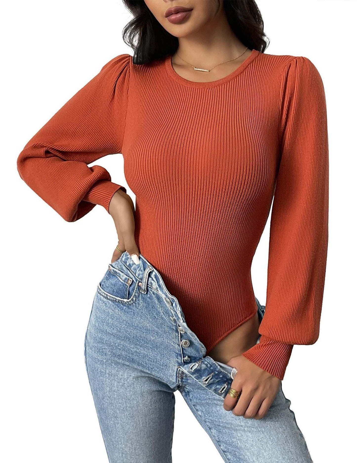 Combinaison moulante à col rond et manches bouffantes pour femme