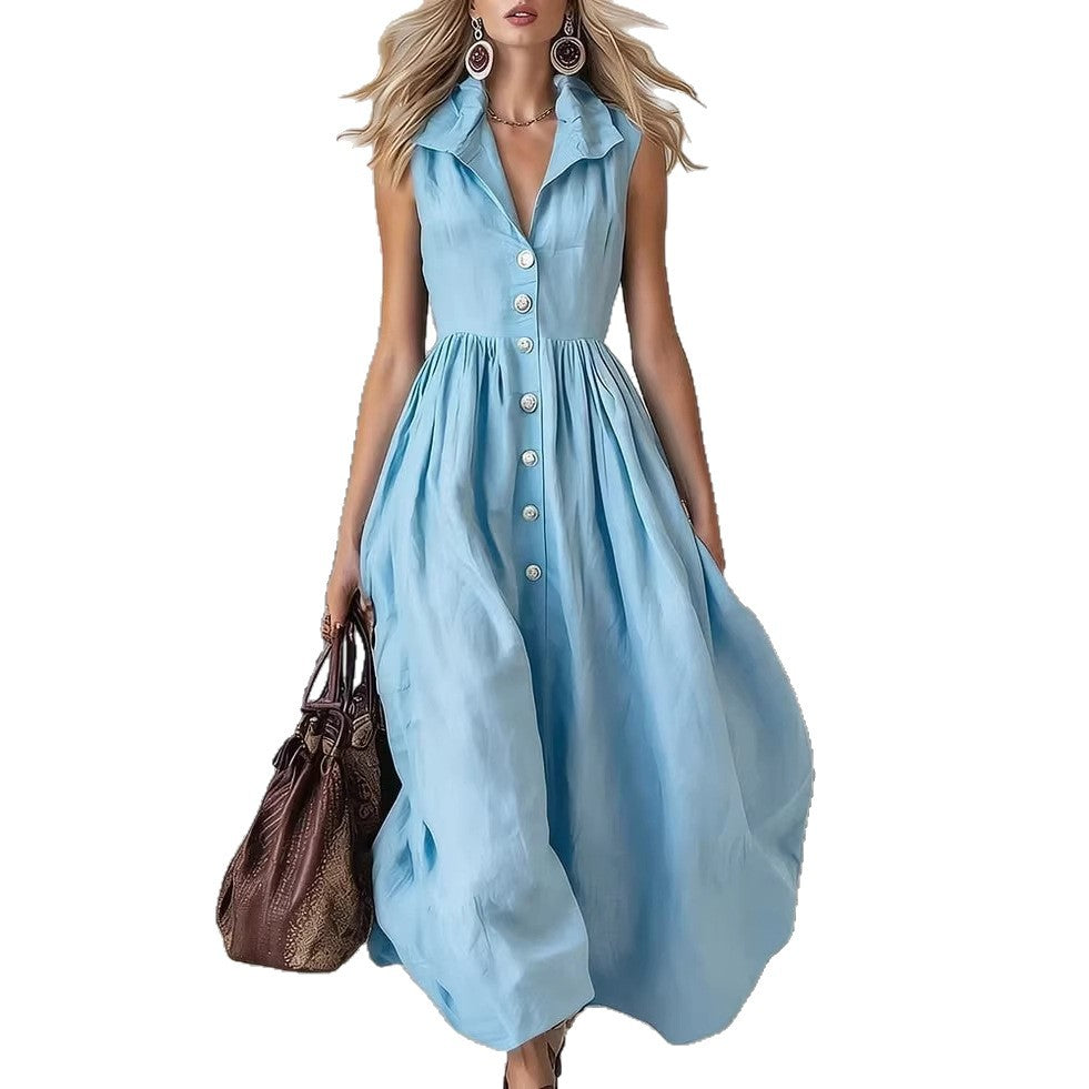 Womens Elegant Fashionable Solid-Color Lapel Slim-Fit Long Dress