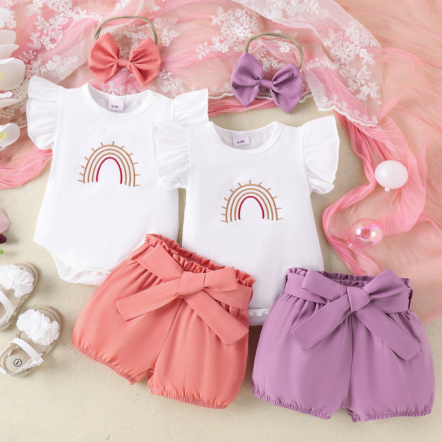 White Rainbow Embroidered Romper Shorts