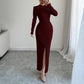 Round-neck Fitted-waist Sheath Dress With A Slit