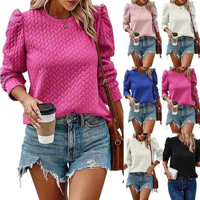 Twist Pattern Sweatshirt Round Neck Bubble Long Sleeve Top