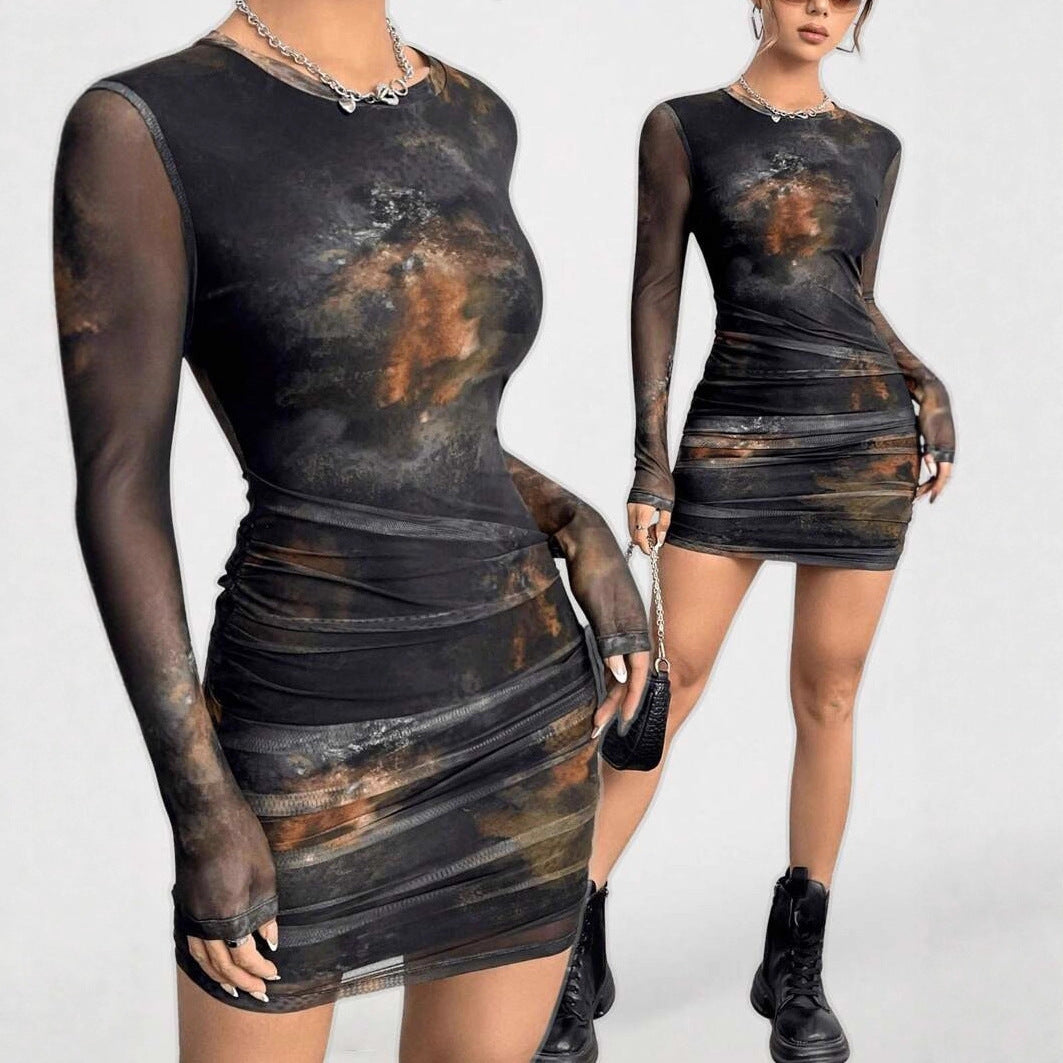 New Womens Stylish Tie-dye Pleated Dress