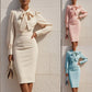 Autumn Fashion Elegant Solid-Color Waist-Cinching Dress With Bow Accent