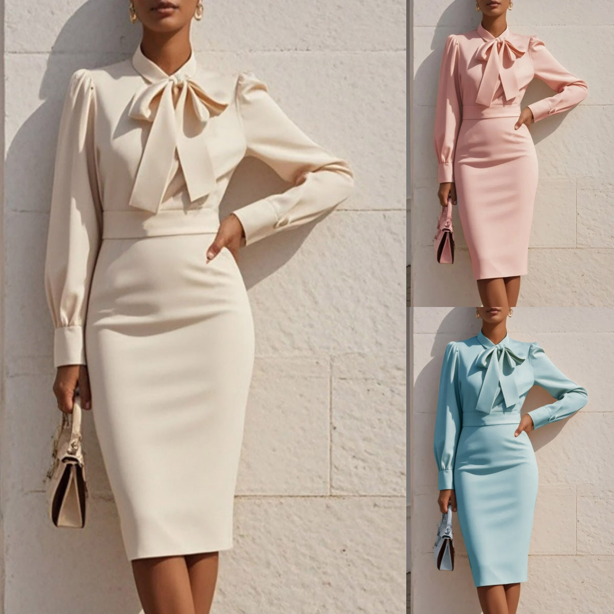 Autumn Fashion Elegant Solid-Color Waist-Cinching Dress With Bow Accent