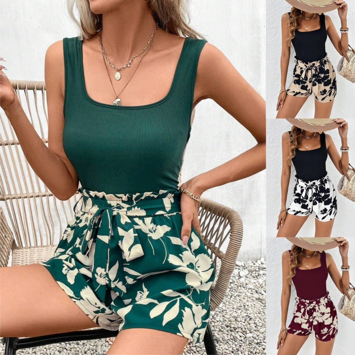 Ribbed Vest Floral Print Shorts Casual Suit