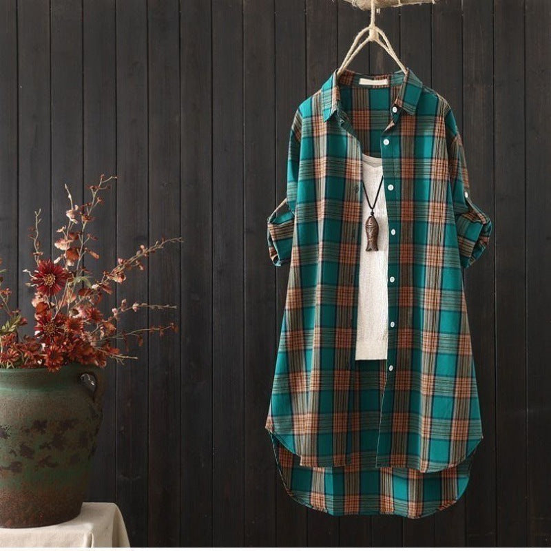 Chemise à carreaux mi-longue ample à manches longues pour femme