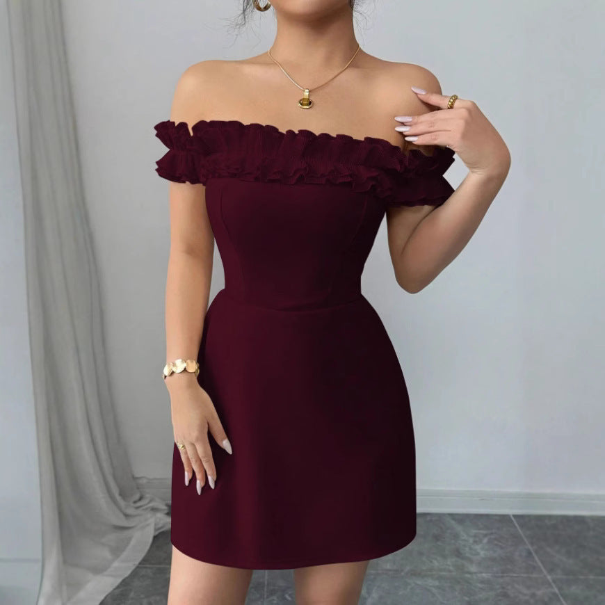American Retro Socialite Off-neck Temperament Adult Lady Like Woman Design Sense Hip-wrapped Short Dress