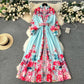 New High-grade Stand Collar Lantern Long Sleeve Waist-tight Printed Dress