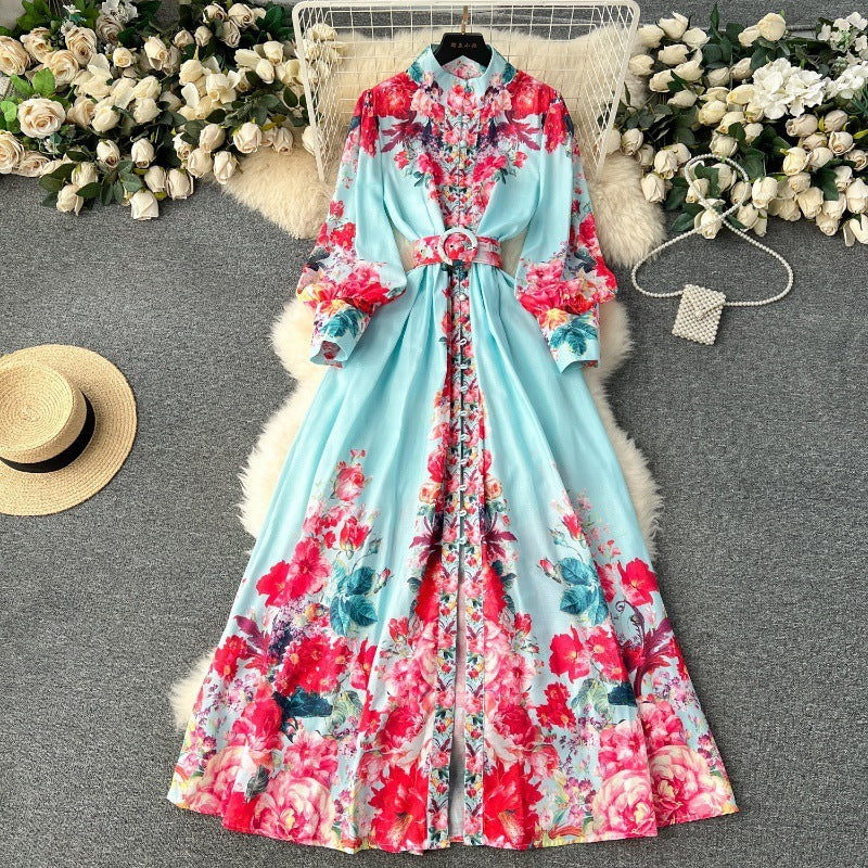 New High-grade Stand Collar Lantern Long Sleeve Waist-tight Printed Dress
