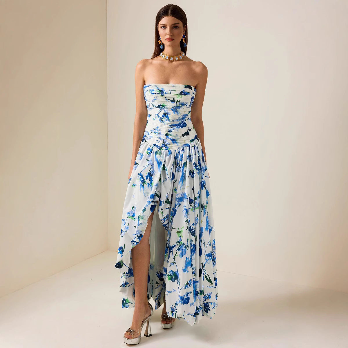 Ruched Waistline Tube Dress With A Floral Print Maxi Skirt